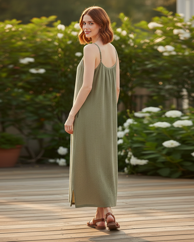 Musselin Kleid Midi Grün - Spaghettitrager Damen - Ansicht 2