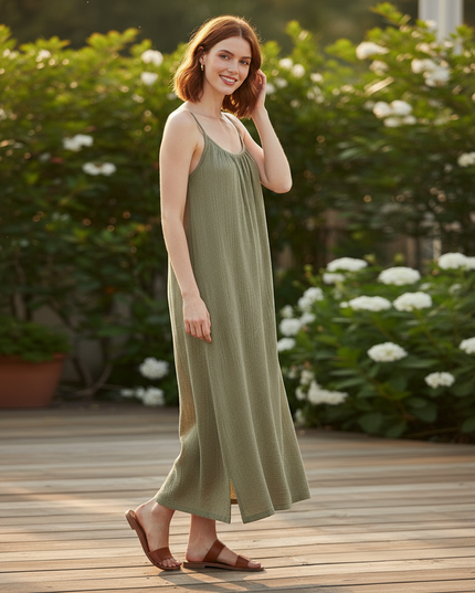 Musselin Kleid Midi Grün - Spaghettitrager Damen - Ansicht 3