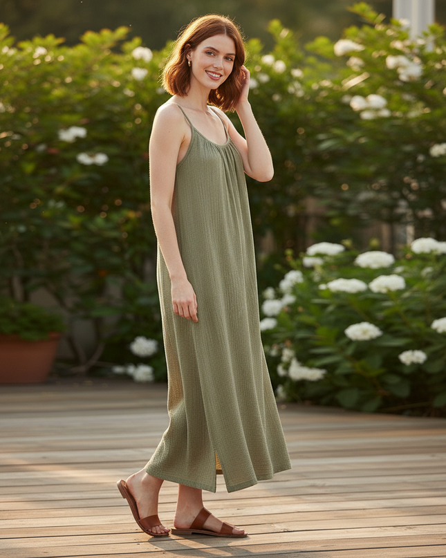 Musselin Kleid Midi Grün - Spaghettitrager Damen - Ansicht 3