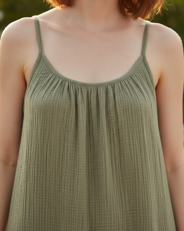 Musselin Kleid Midi Grün - Spaghettitrager Damen - Ansicht 4