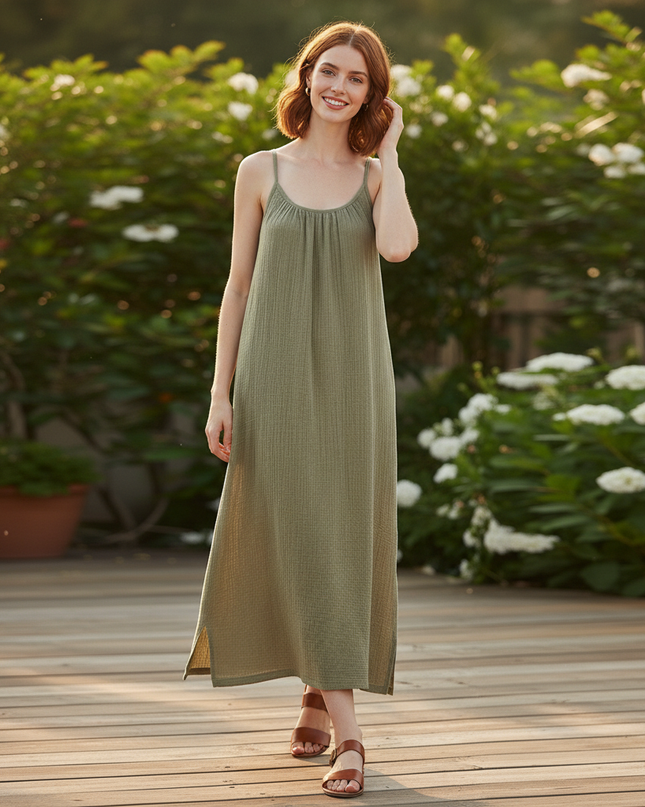 Musselin Kleid Midi Grün - Spaghettitrager Damen - Ansicht 5