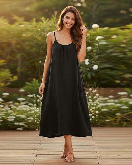Musselin Kleid Midi Schwarz - A-Linie Spaghettitrager - Ansicht 1