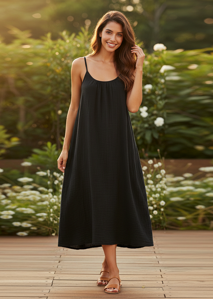 Musselin Kleid Midi Schwarz - A-Linie Spaghettitrager - Ansicht 1