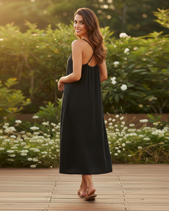Musselin Kleid Midi Schwarz - A-Linie Spaghettitrager - Ansicht 2