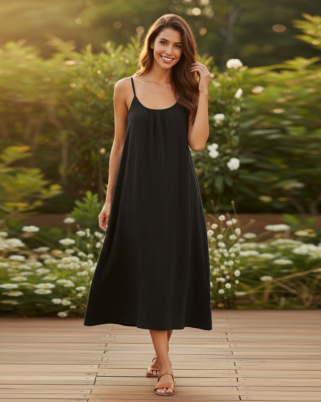 Musselin Kleid Midi Schwarz - A-Linie Spaghettitrager - Ansicht 5