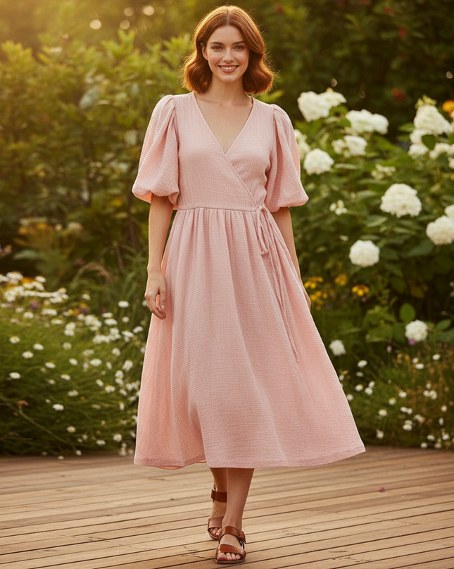 Musselin Kleid Pink Lang - Fliessend & Leicht - Ansicht 1