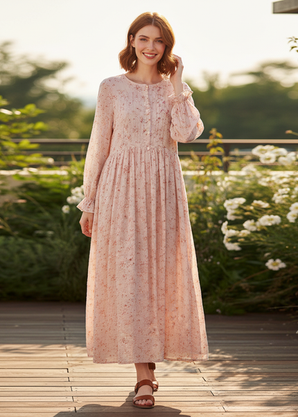Musselin Kleid Rosa Blumenprint Midi | Musselin Kleid - Ansicht 1