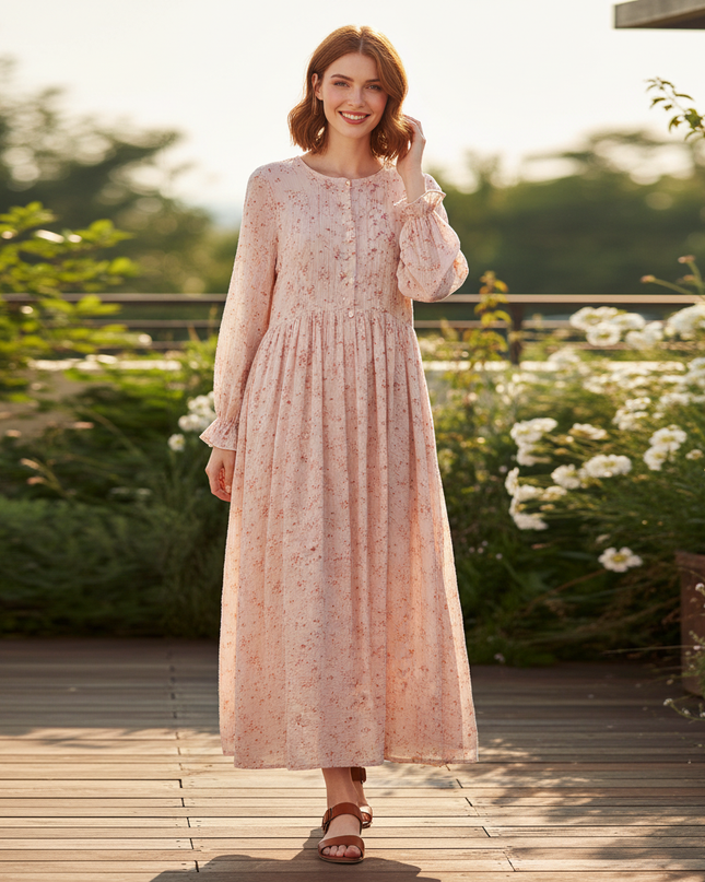 Musselin Kleid Rosa Blumenprint Midi | Musselin Kleid - Ansicht 1
