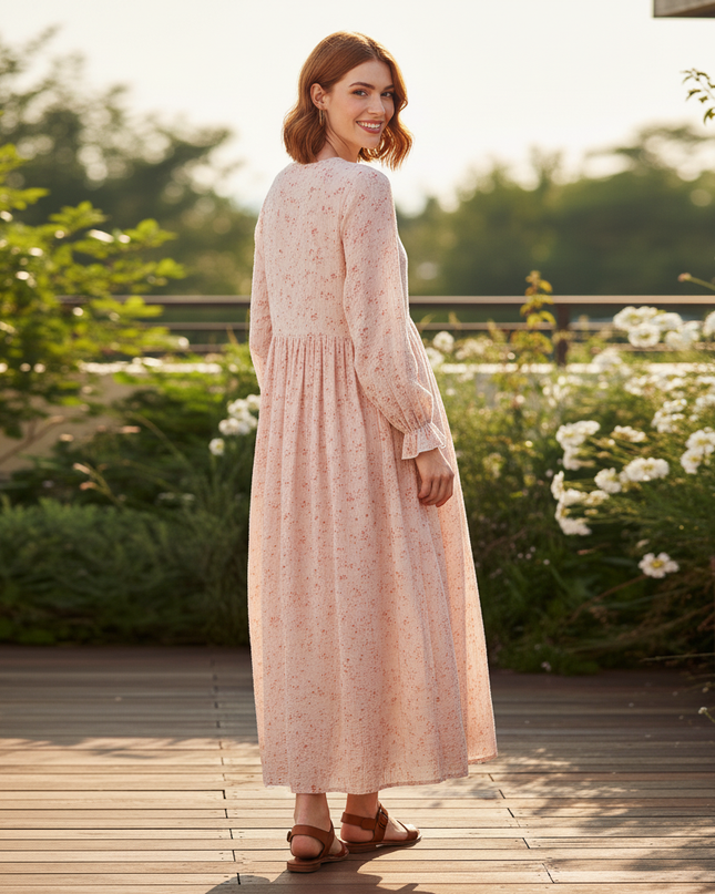 Musselin Kleid Rosa Blumenprint Midi | Musselin Kleid - Ansicht 2