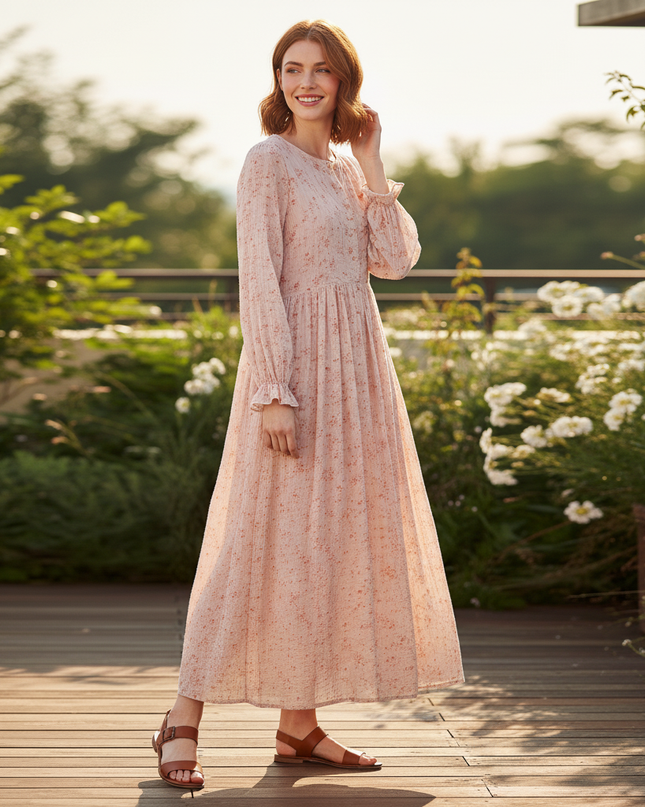 Musselin Kleid Rosa Blumenprint Midi | Musselin Kleid - Ansicht 3