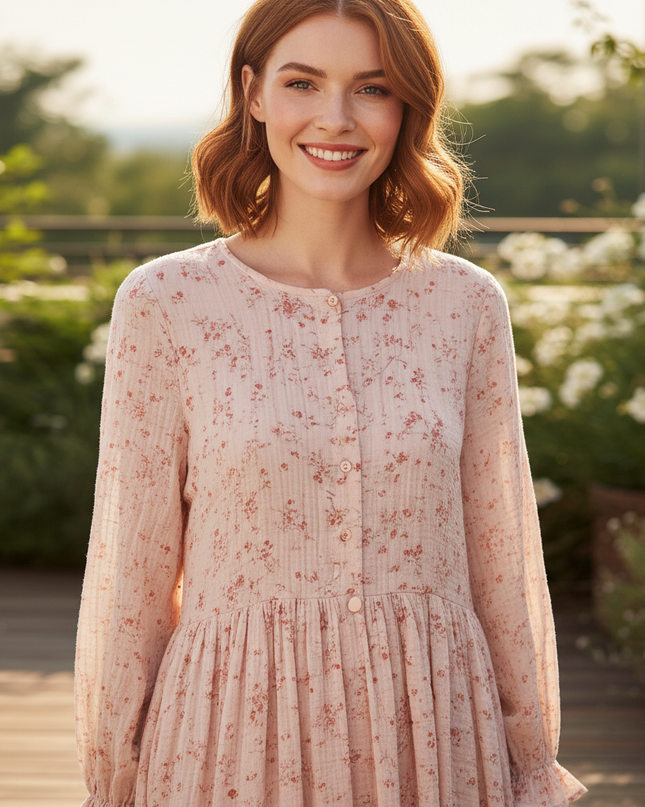 Musselin Kleid Rosa Blumenprint Midi | Musselin Kleid - Ansicht 4