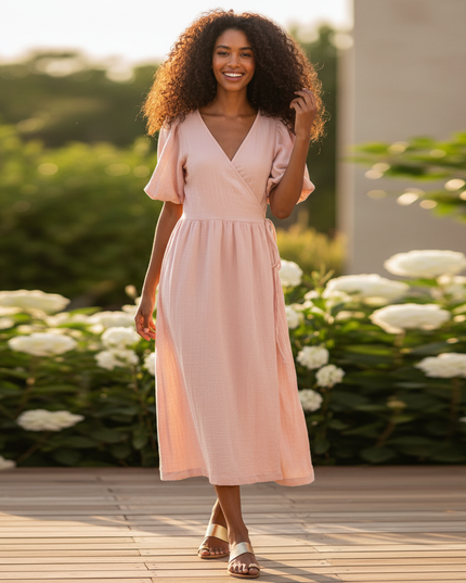 Musselin Kleid Rosa Luftig Lang | Musselin Kleid - Ansicht 1