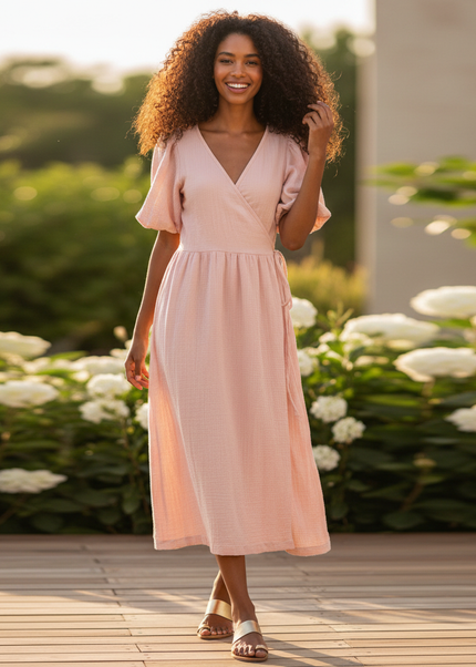 Musselin Kleid Rosa Luftig Lang | Musselin Kleid - Ansicht 1