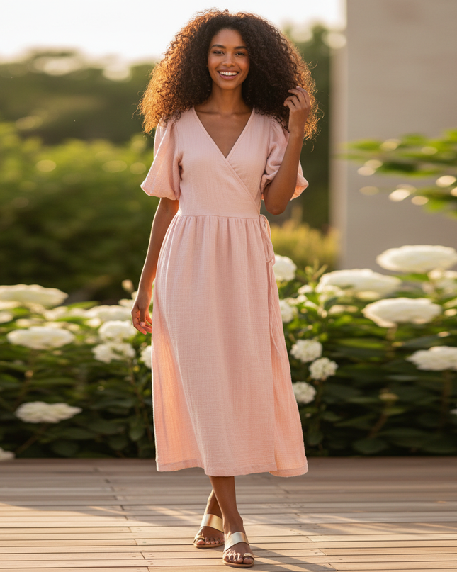 Musselin Kleid Rosa Luftig Lang | Musselin Kleid - Ansicht 1