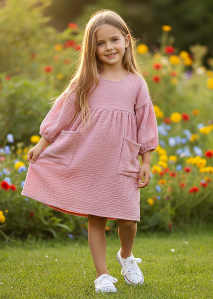 Musselin Kleid Rosa Maedchen - Laternenarm 1T-6T - Ansicht 1