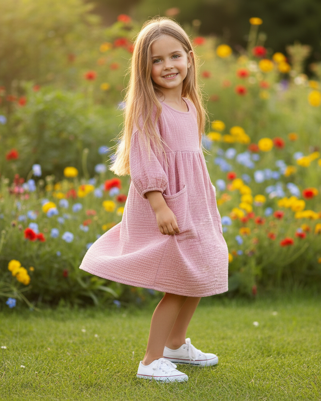 Musselin Kleid Rosa Maedchen - Laternenarm 1T-6T - Ansicht 3