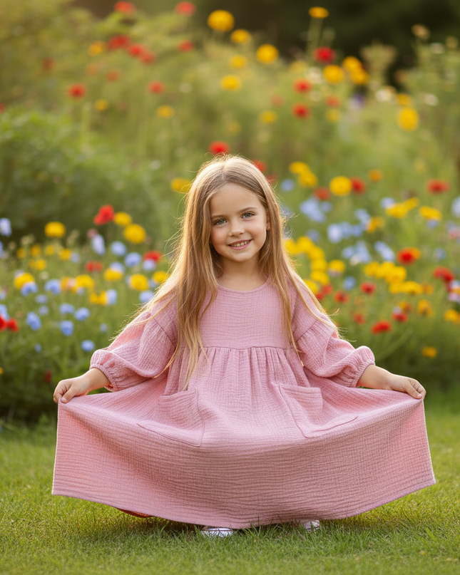 Musselin Kleid Rosa Maedchen - Laternenarm 1T-6T - Ansicht 5