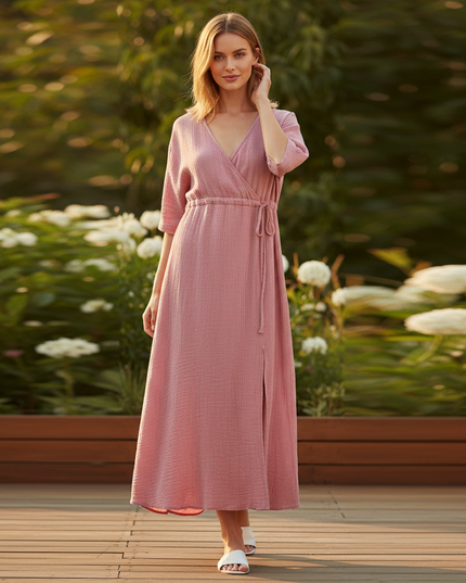 Musselin Kleid Rosa - Midi Kurzarm V-Ausschnitt - Ansicht 1