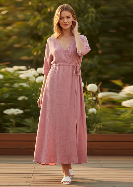 Musselin Kleid Rosa - Midi Kurzarm V-Ausschnitt - Ansicht 1