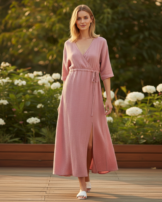 Musselin Kleid Rosa - Midi Kurzarm V-Ausschnitt - Ansicht 5