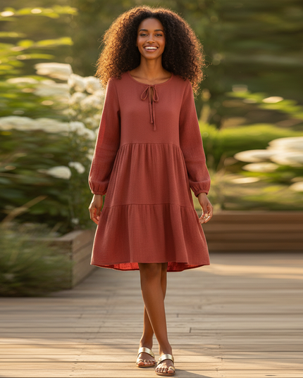 Musselin Kleid Rot Boho Damen | Musselin Kleid - Ansicht 1