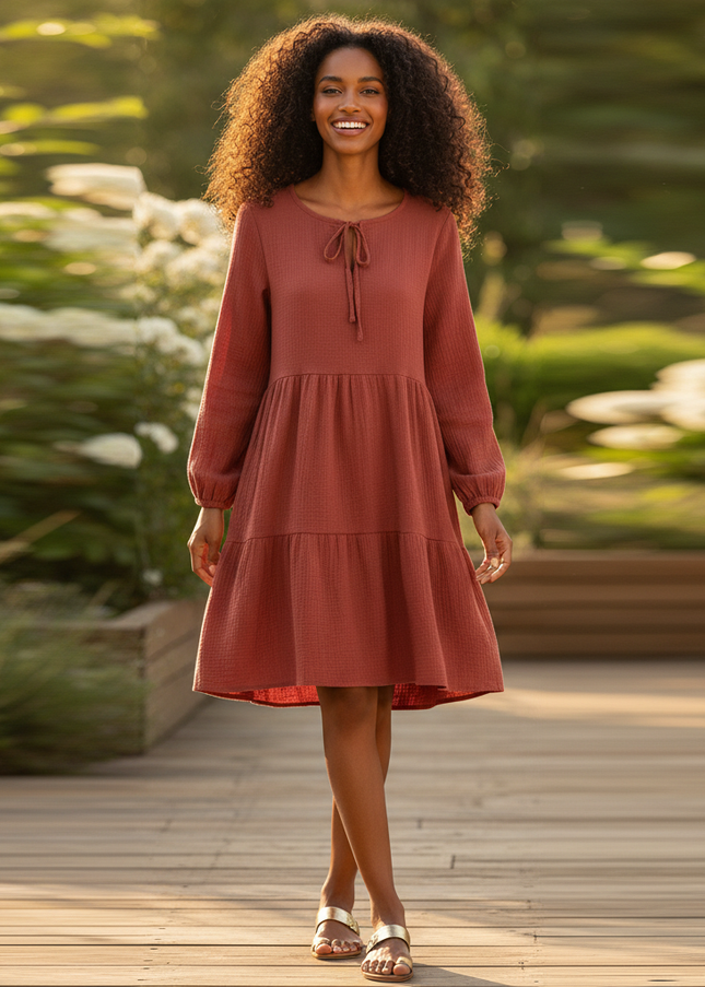 Musselin Kleid Rot Boho Damen | Musselin Kleid - Ansicht 1