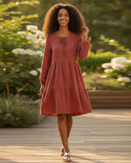 Musselin Kleid Rot Boho Damen | Musselin Kleid - Ansicht 5