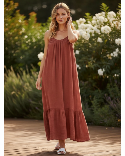 Musselin Kleid Rot Leicht Lang | Musselin Kleid - Ansicht 1