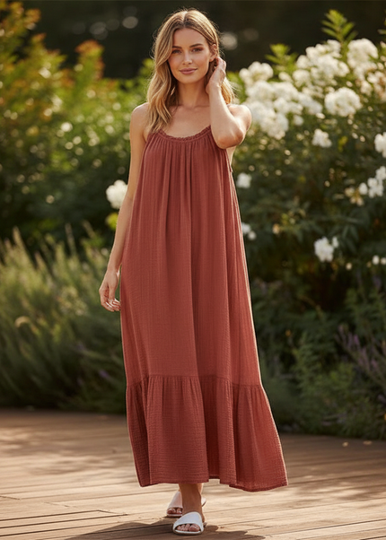 Musselin Kleid Rot Leicht Lang | Musselin Kleid - Ansicht 1