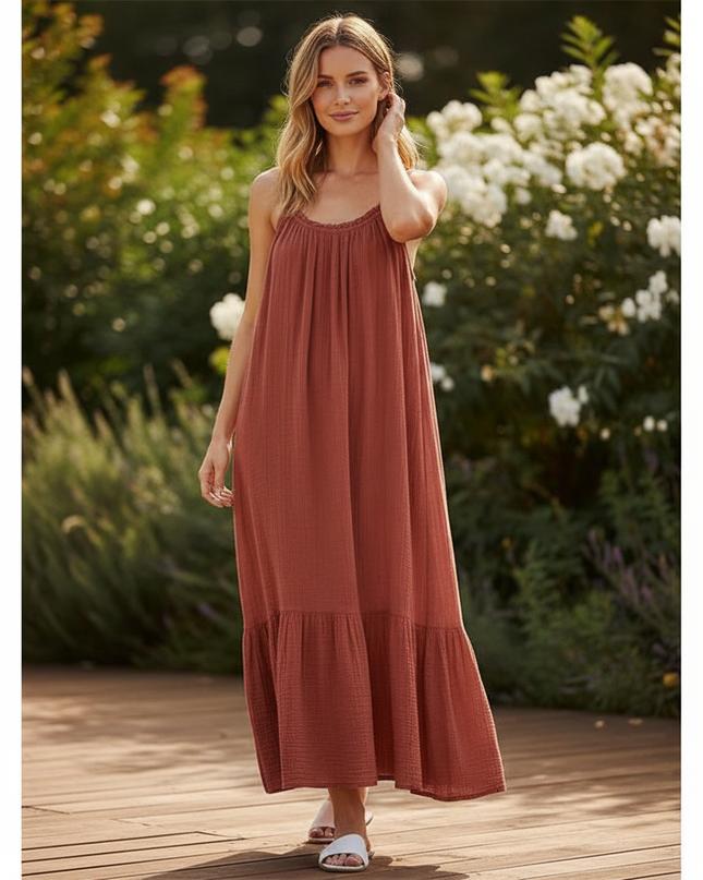 Musselin Kleid Rot Leicht Lang | Musselin Kleid - Ansicht 1