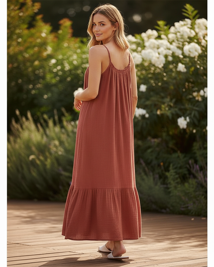 Musselin Kleid Rot Leicht Lang | Musselin Kleid - Ansicht 2