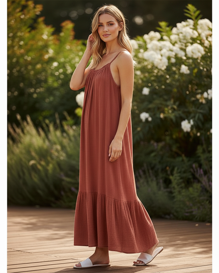 Musselin Kleid Rot Leicht Lang | Musselin Kleid - Ansicht 3