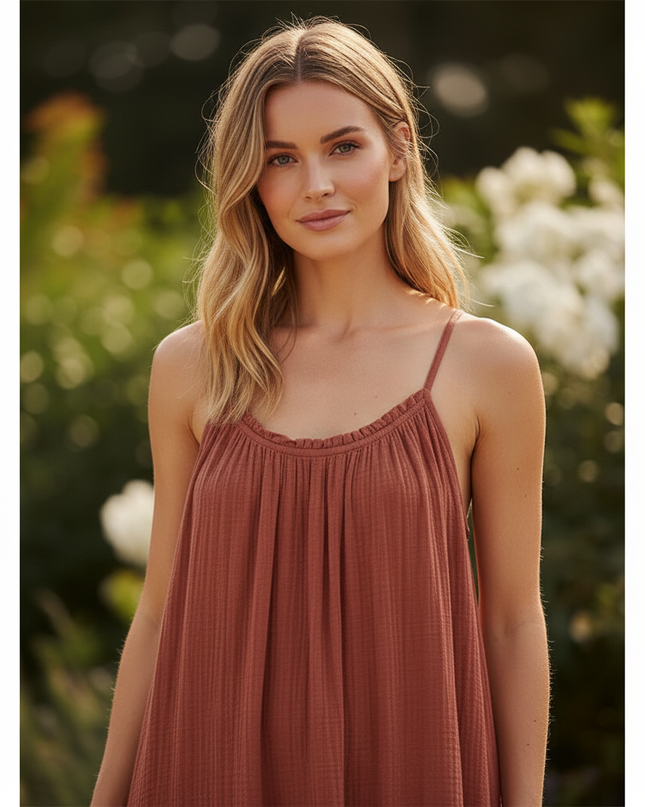Musselin Kleid Rot Leicht Lang | Musselin Kleid - Ansicht 4