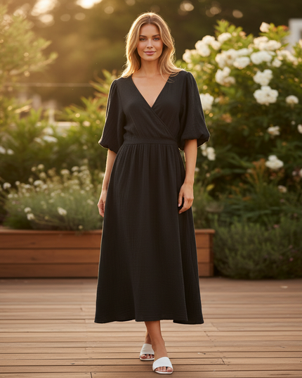 Musselin Kleid Schwarz Weich Lang | Musselin Kleid - Ansicht 1