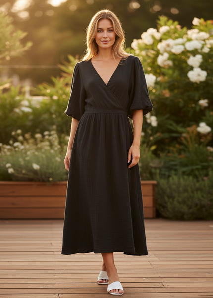 Musselin Kleid Schwarz Weich Lang | Musselin Kleid - Ansicht 1