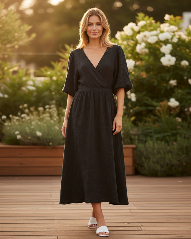 Musselin Kleid Schwarz Weich Lang | Musselin Kleid - Ansicht 1