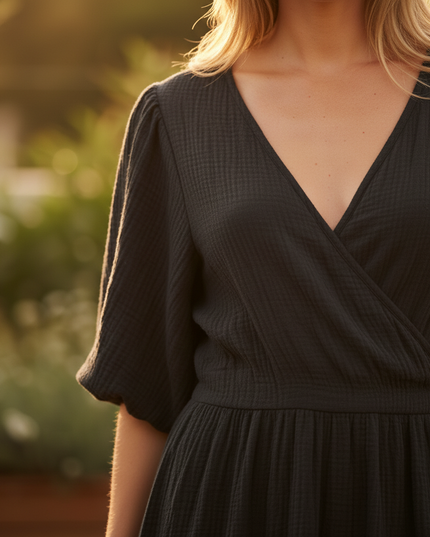 Musselin Kleid Schwarz Weich Lang | Musselin Kleid - Ansicht 4