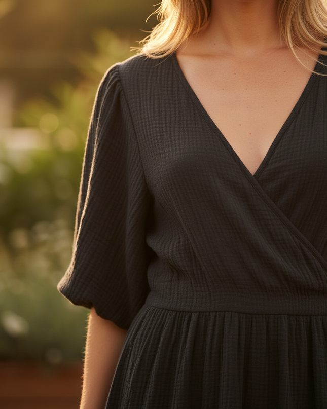 Musselin Kleid Schwarz Weich Lang | Musselin Kleid - Ansicht 4