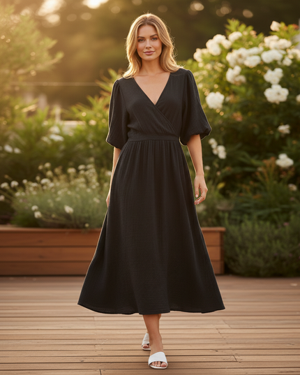 Musselin Kleid Schwarz Weich Lang | Musselin Kleid - Ansicht 5