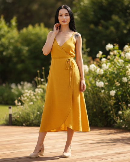 Musselin Kleid Senfgelb Baumwolle Lang | Musselin Kleid - Ansicht 1