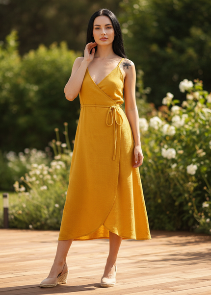 Musselin Kleid Senfgelb Baumwolle Lang | Musselin Kleid - Ansicht 1