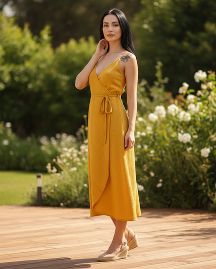 Musselin Kleid Senfgelb Baumwolle Lang | Musselin Kleid - Ansicht 3