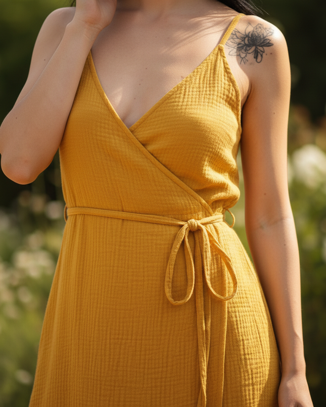 Musselin Kleid Senfgelb Baumwolle Lang | Musselin Kleid - Ansicht 4