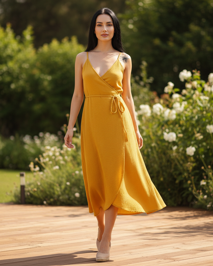 Musselin Kleid Senfgelb Baumwolle Lang | Musselin Kleid - Ansicht 5