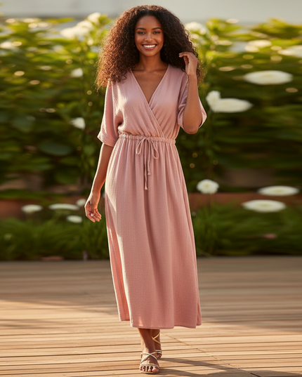 Musselin Kleid Sommer - Rosa Halbarm mit Guertel - Ansicht 1