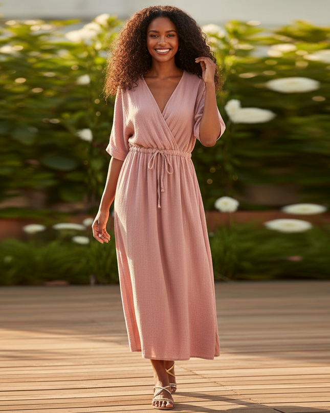 Musselin Kleid Sommer - Rosa Halbarm mit Guertel - Ansicht 1