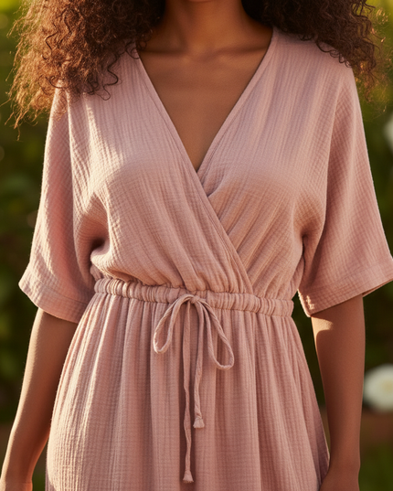 Musselin Kleid Sommer - Rosa Halbarm mit Guertel - Ansicht 4