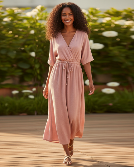 Musselin Kleid Sommer - Rosa Halbarm mit Guertel - Ansicht 5