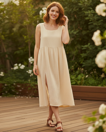Musselin Kleid Traeger - Beige Boho Strandkleid - Ansicht 1