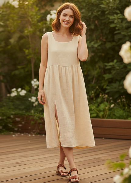 Musselin Kleid Traeger - Beige Boho Strandkleid - Ansicht 1